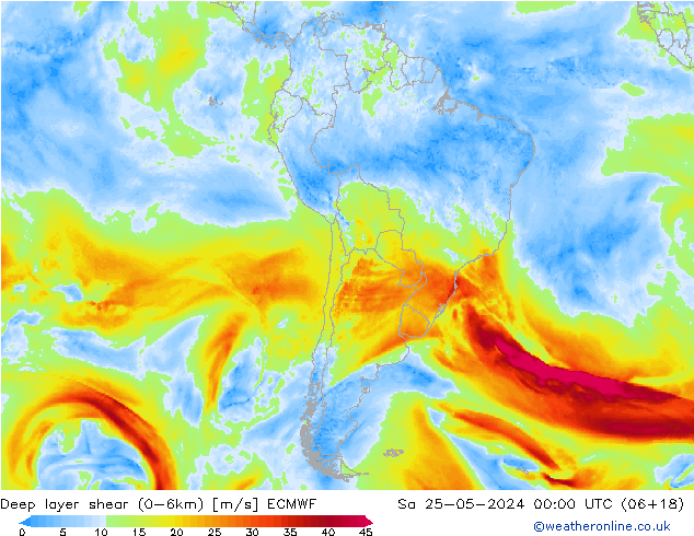 Deep layer shear (0-6km) ECMWF za 25.05.2024 00 UTC