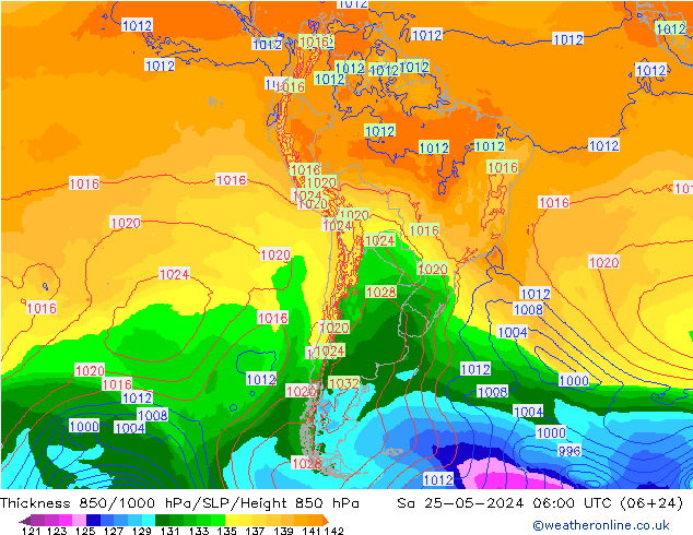 Thck 850-1000 гПа ECMWF сб 25.05.2024 06 UTC