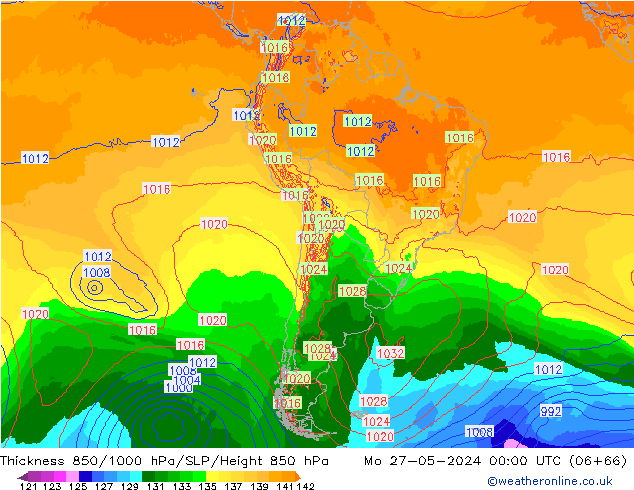 Thck 850-1000 hPa ECMWF lun 27.05.2024 00 UTC