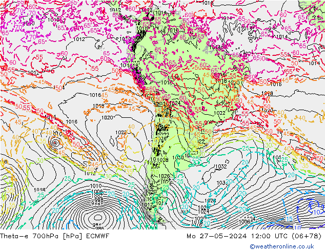 Theta-e 700hPa ECMWF lun 27.05.2024 12 UTC