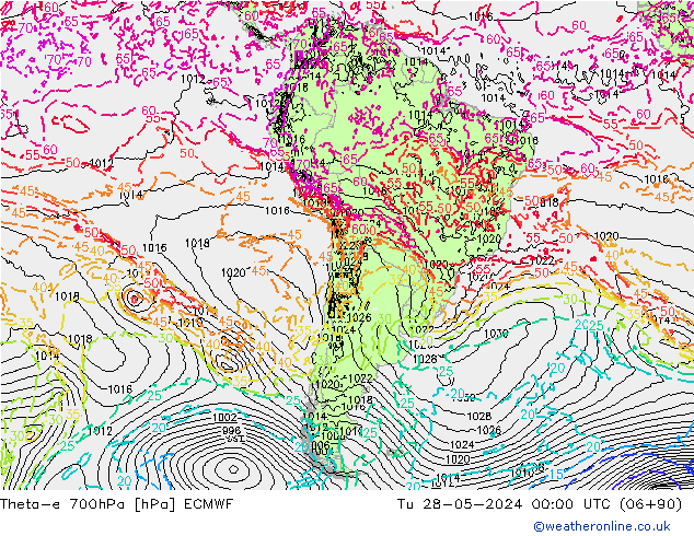 Theta-e 700hPa ECMWF mar 28.05.2024 00 UTC