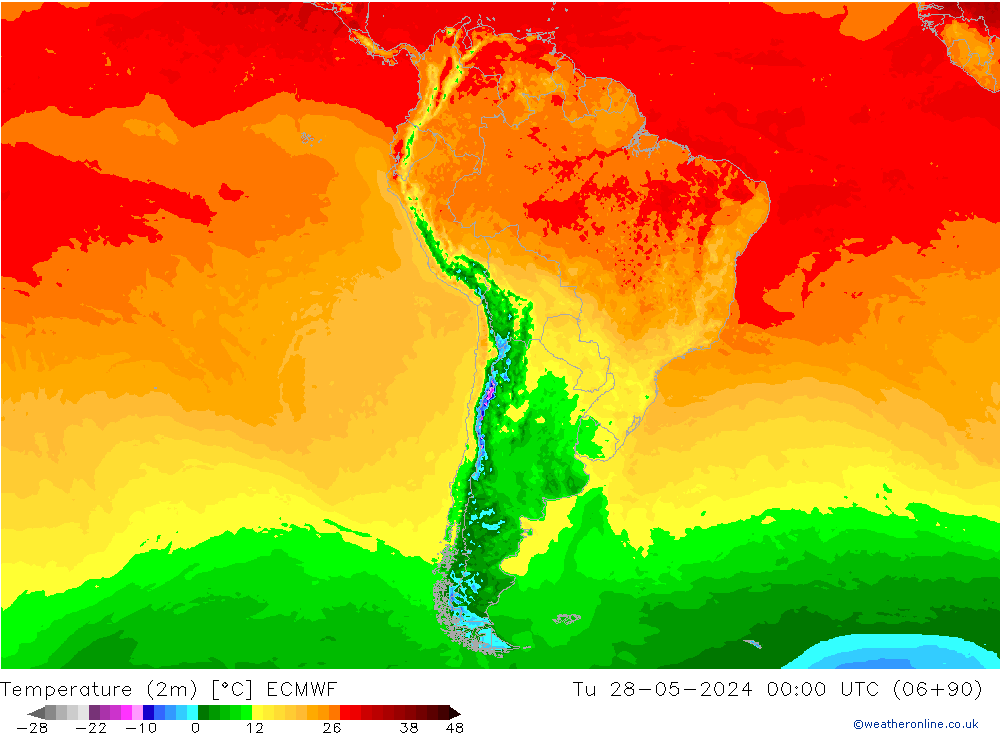 Temperatuurkaart (2m) ECMWF di 28.05.2024 00 UTC