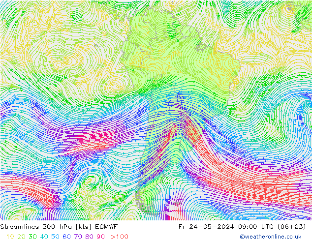 Stroomlijn 300 hPa ECMWF vr 24.05.2024 09 UTC