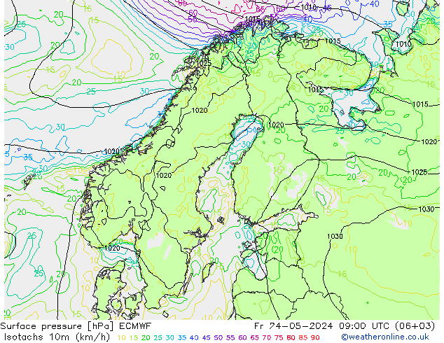 Isotachs (kph) ECMWF Sex 24.05.2024 09 UTC