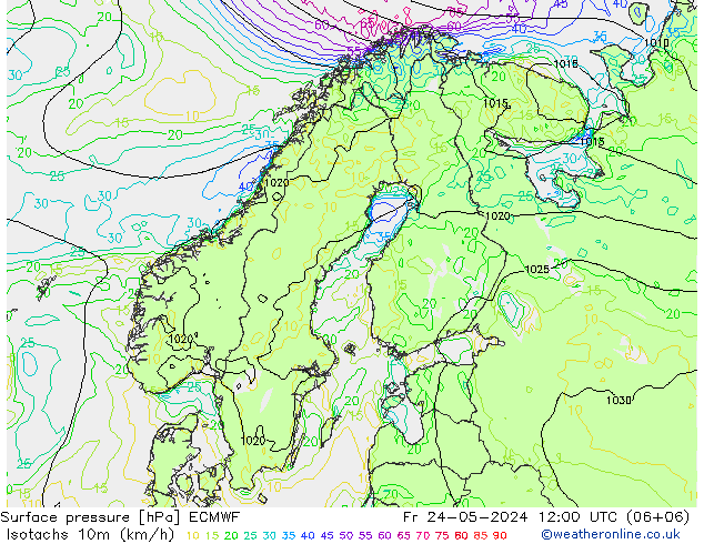 Isotaca (kph) ECMWF vie 24.05.2024 12 UTC