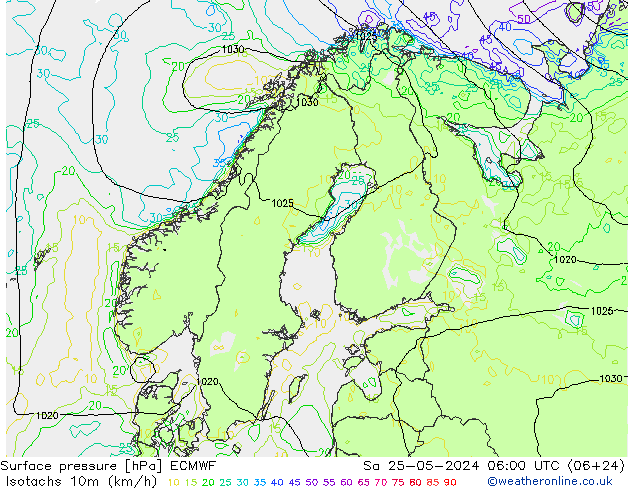 Isotachen (km/h) ECMWF Sa 25.05.2024 06 UTC