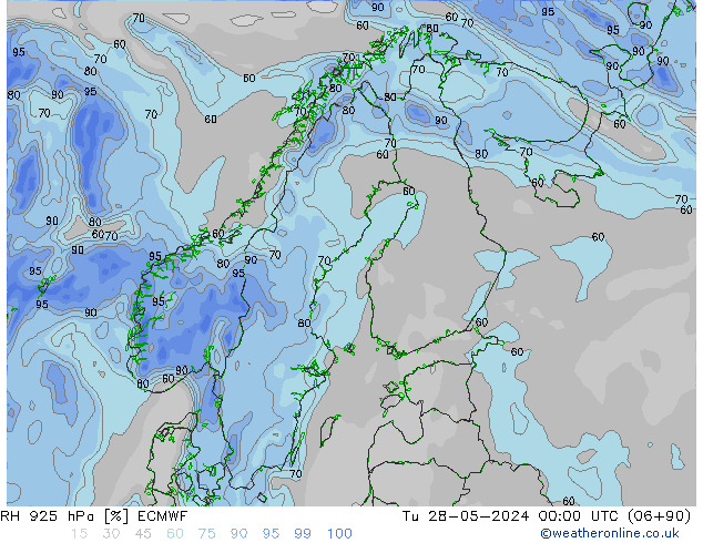 RH 925 гПа ECMWF вт 28.05.2024 00 UTC