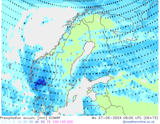 Precipitation accum. ECMWF Mo 27.05.2024 06 UTC