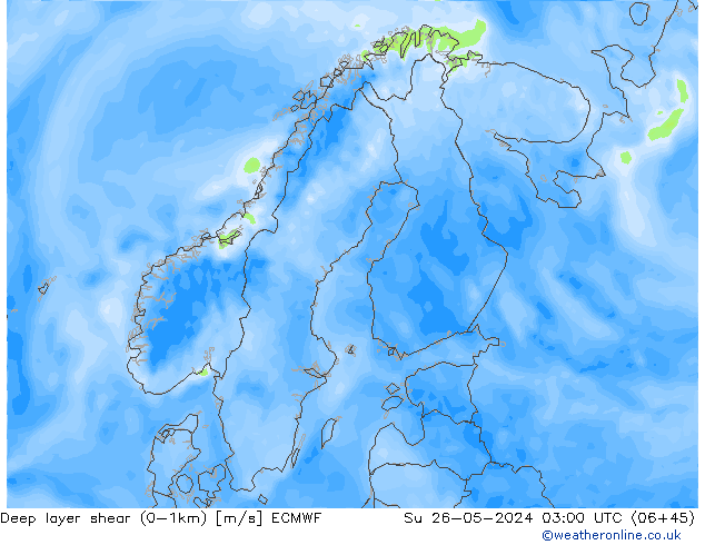 Deep layer shear (0-1km) ECMWF Paz 26.05.2024 03 UTC