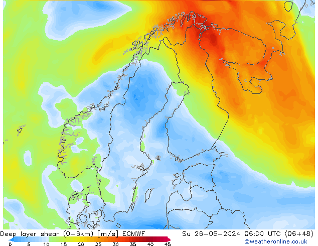 Deep layer shear (0-6km) ECMWF Paz 26.05.2024 06 UTC