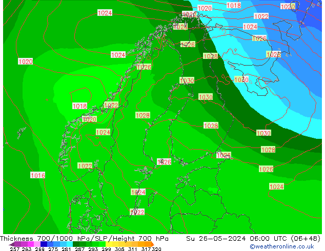 Thck 700-1000 hPa ECMWF Su 26.05.2024 06 UTC