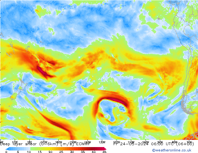 Deep layer shear (0-6km) ECMWF Fr 24.05.2024 06 UTC