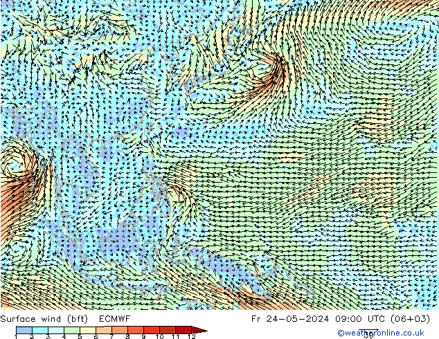 Rüzgar 10 m (bft) ECMWF Cu 24.05.2024 09 UTC