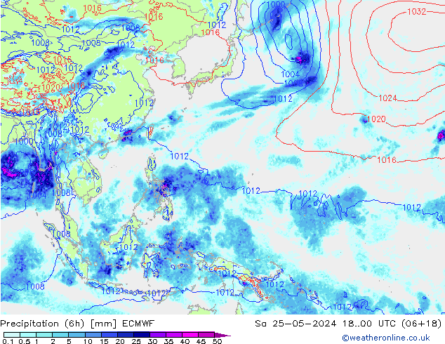 Totale neerslag (6h) ECMWF za 25.05.2024 00 UTC