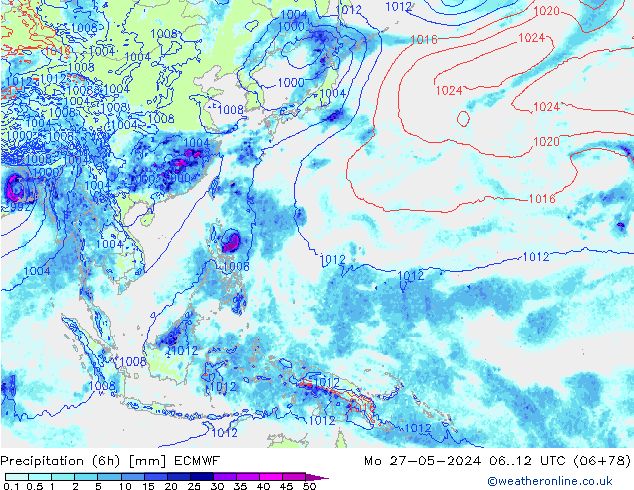 Z500/Rain (+SLP)/Z850 ECMWF Mo 27.05.2024 12 UTC