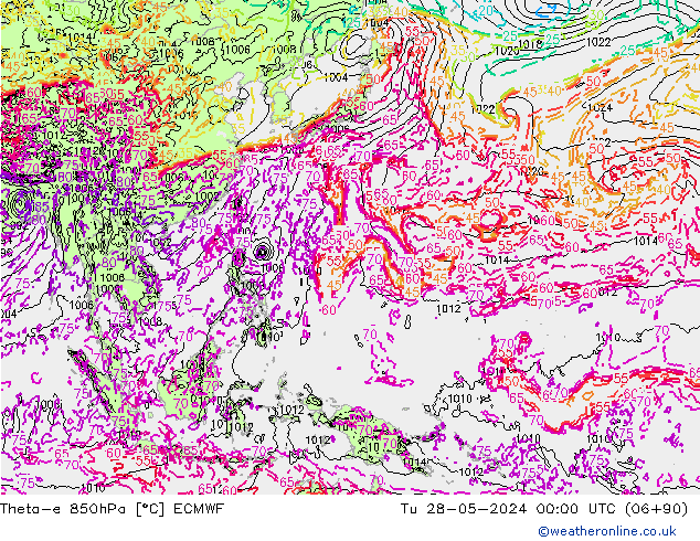 Theta-e 850hPa ECMWF di 28.05.2024 00 UTC