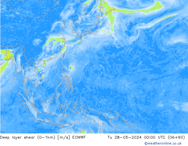 Deep layer shear (0-1km) ECMWF Sa 28.05.2024 00 UTC