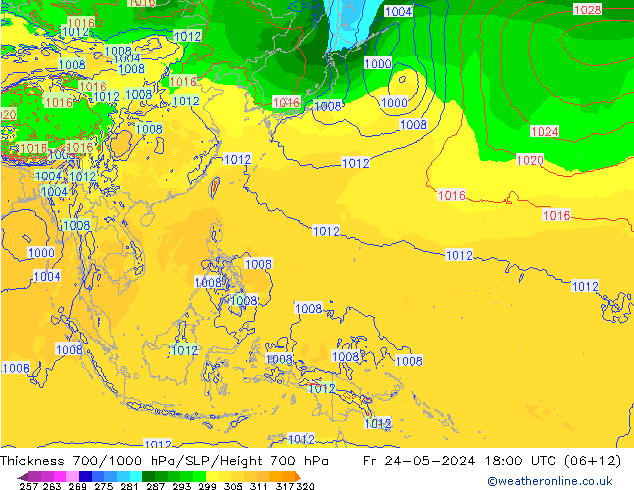 Espesor 700-1000 hPa ECMWF vie 24.05.2024 18 UTC