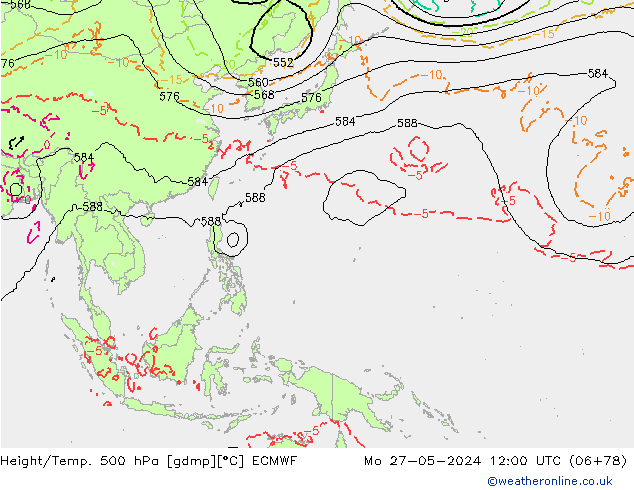 Z500/Rain (+SLP)/Z850 ECMWF Mo 27.05.2024 12 UTC