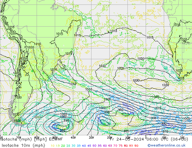 Isotachs (mph) ECMWF Sex 24.05.2024 06 UTC