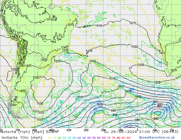 Isotachs (mph) ECMWF Вс 26.05.2024 21 UTC