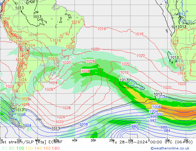 Jet stream/SLP ECMWF Út 28.05.2024 00 UTC