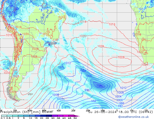 Precipitation (6h) ECMWF Su 26.05.2024 00 UTC