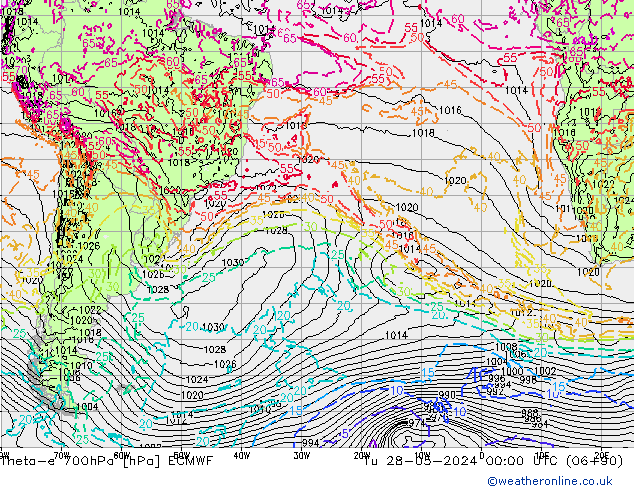 Theta-e 700hPa ECMWF Tu 28.05.2024 00 UTC