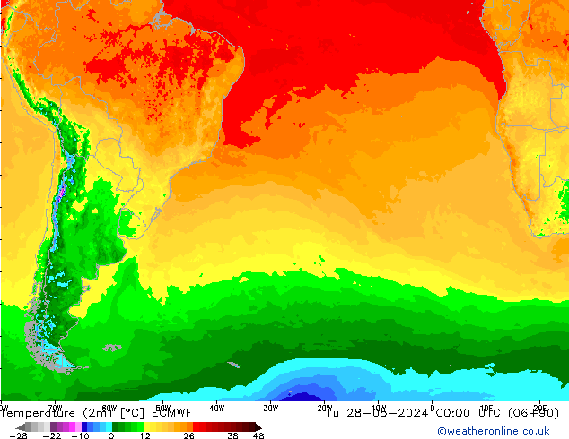 mapa temperatury (2m) ECMWF wto. 28.05.2024 00 UTC