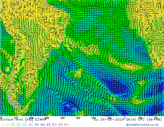 wiatr 10 m ECMWF nie. 26.05.2024 06 UTC