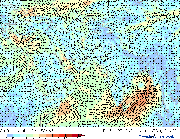 Rüzgar 10 m (bft) ECMWF Cu 24.05.2024 12 UTC