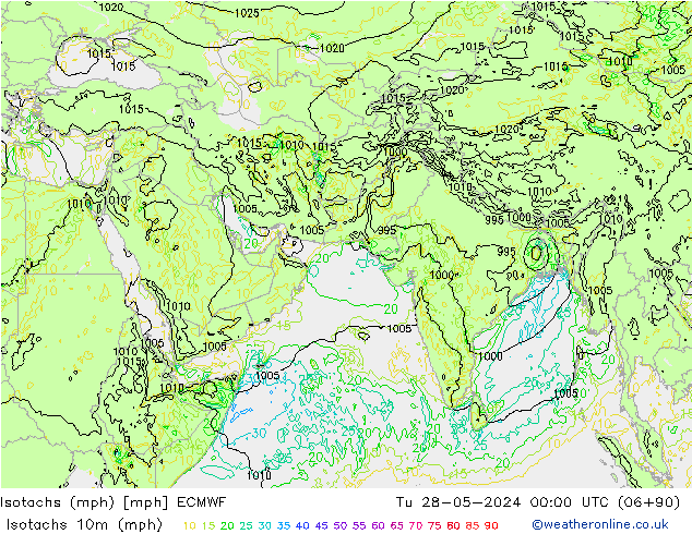 Isotachs (mph) ECMWF Út 28.05.2024 00 UTC