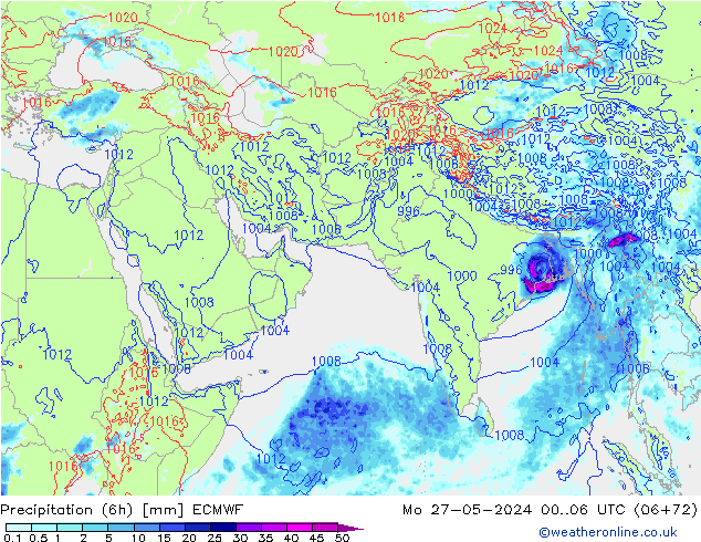 Z500/Rain (+SLP)/Z850 ECMWF Mo 27.05.2024 06 UTC