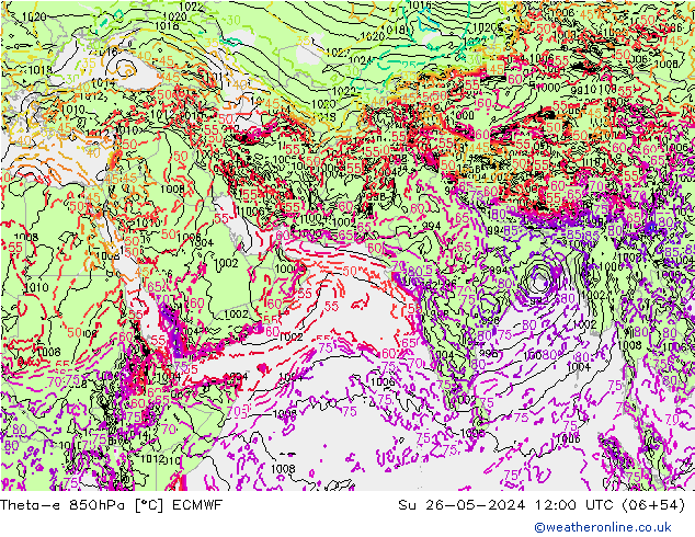 Theta-e 850hPa ECMWF zo 26.05.2024 12 UTC