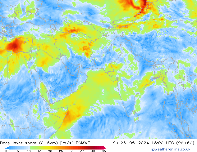 Deep layer shear (0-6km) ECMWF Su 26.05.2024 18 UTC