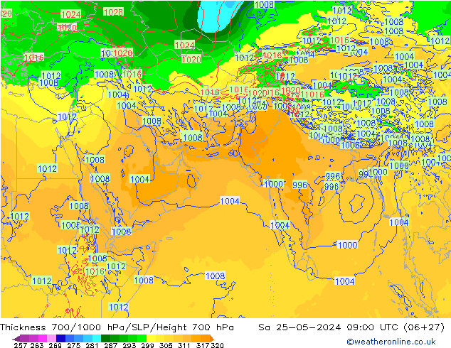 Thck 700-1000 hPa ECMWF Sáb 25.05.2024 09 UTC