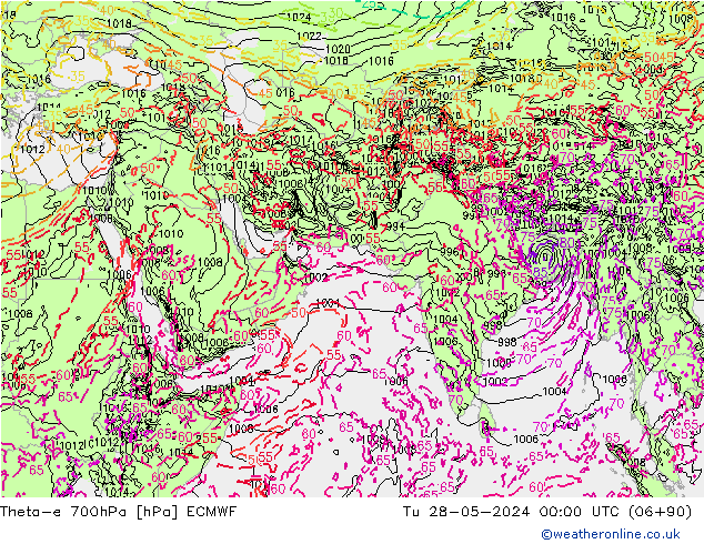 Theta-e 700hPa ECMWF mar 28.05.2024 00 UTC