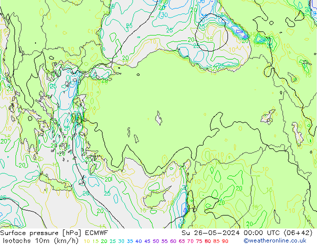 Isotachs (kph) ECMWF dom 26.05.2024 00 UTC