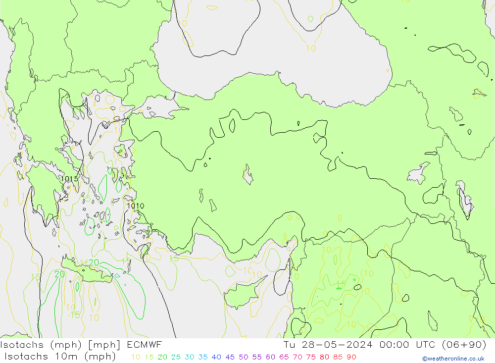 Isotachs (mph) ECMWF вт 28.05.2024 00 UTC