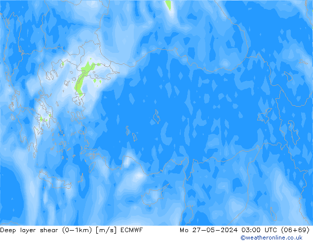 Deep layer shear (0-1km) ECMWF pon. 27.05.2024 03 UTC