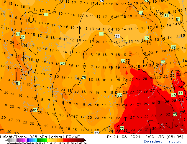 Height/Temp. 925 hPa ECMWF ven 24.05.2024 12 UTC