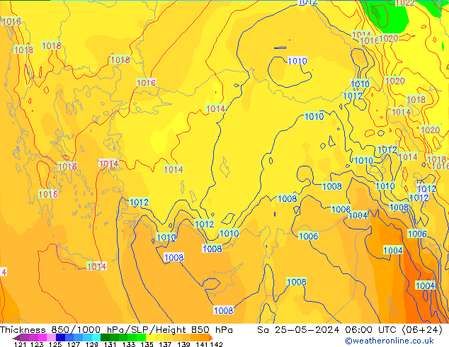 Dikte 850-1000 hPa ECMWF za 25.05.2024 06 UTC