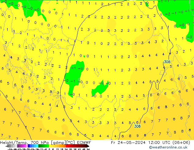 Hoogte/Temp. 700 hPa ECMWF vr 24.05.2024 12 UTC