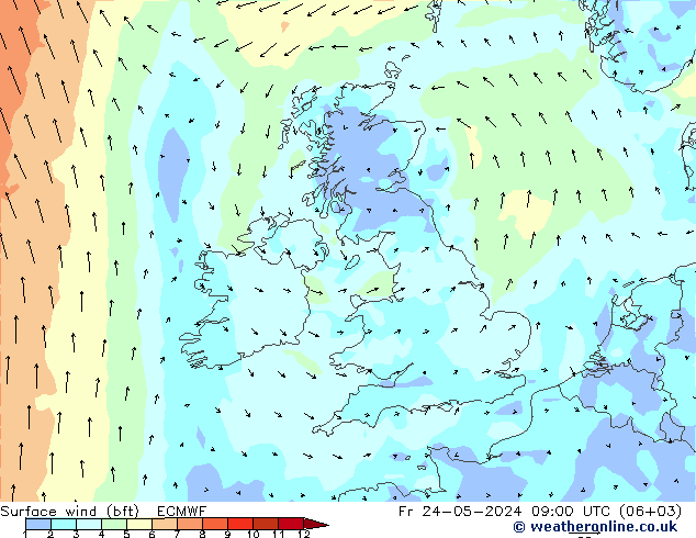 Vento 10 m (bft) ECMWF Sex 24.05.2024 09 UTC