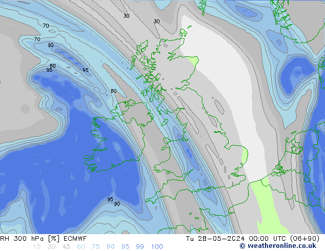 Humedad rel. 300hPa ECMWF mar 28.05.2024 00 UTC