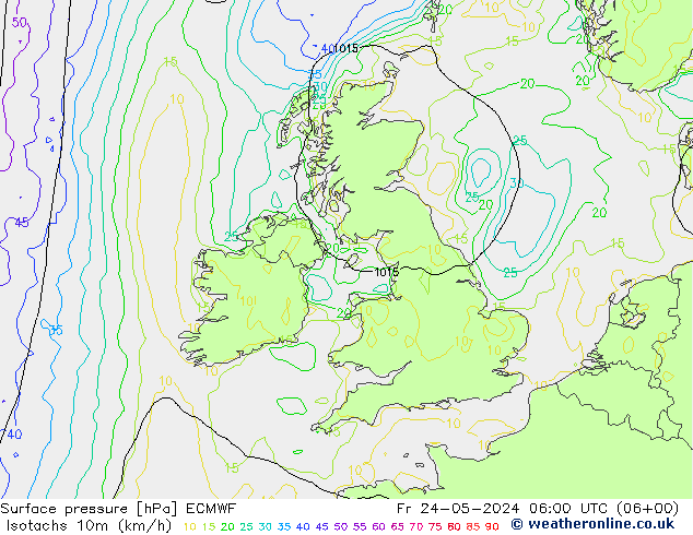 Isotachen (km/h) ECMWF vr 24.05.2024 06 UTC