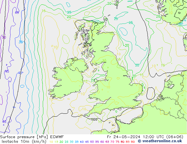 Isotachs (kph) ECMWF Fr 24.05.2024 12 UTC