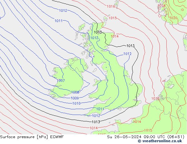 Luchtdruk (Grond) ECMWF zo 26.05.2024 09 UTC