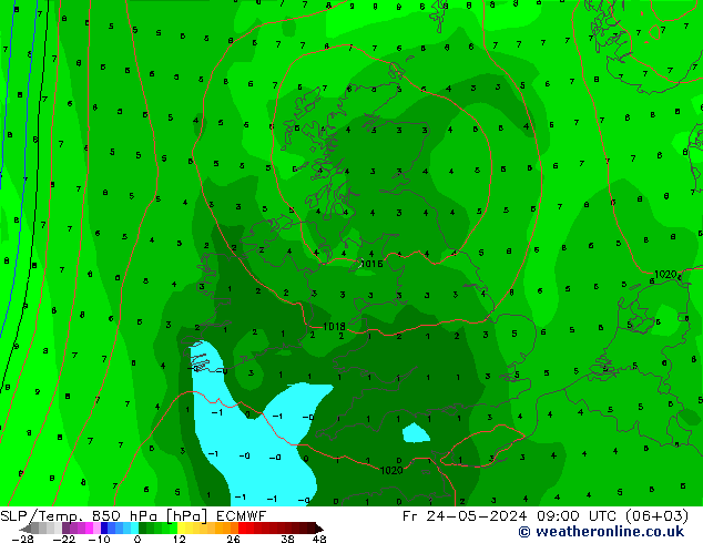 SLP/Temp. 850 hPa ECMWF Fr 24.05.2024 09 UTC