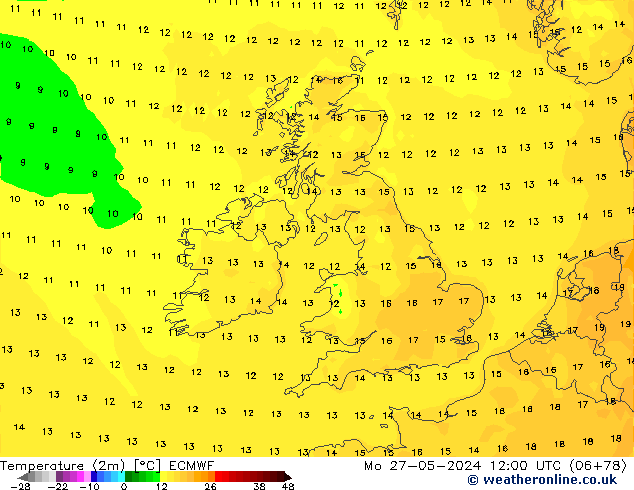 Temperature (2m) ECMWF Po 27.05.2024 12 UTC